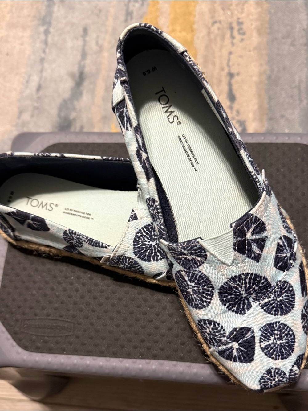 TOMS Light Blue Espadrille with Navy Floral Medallion Print